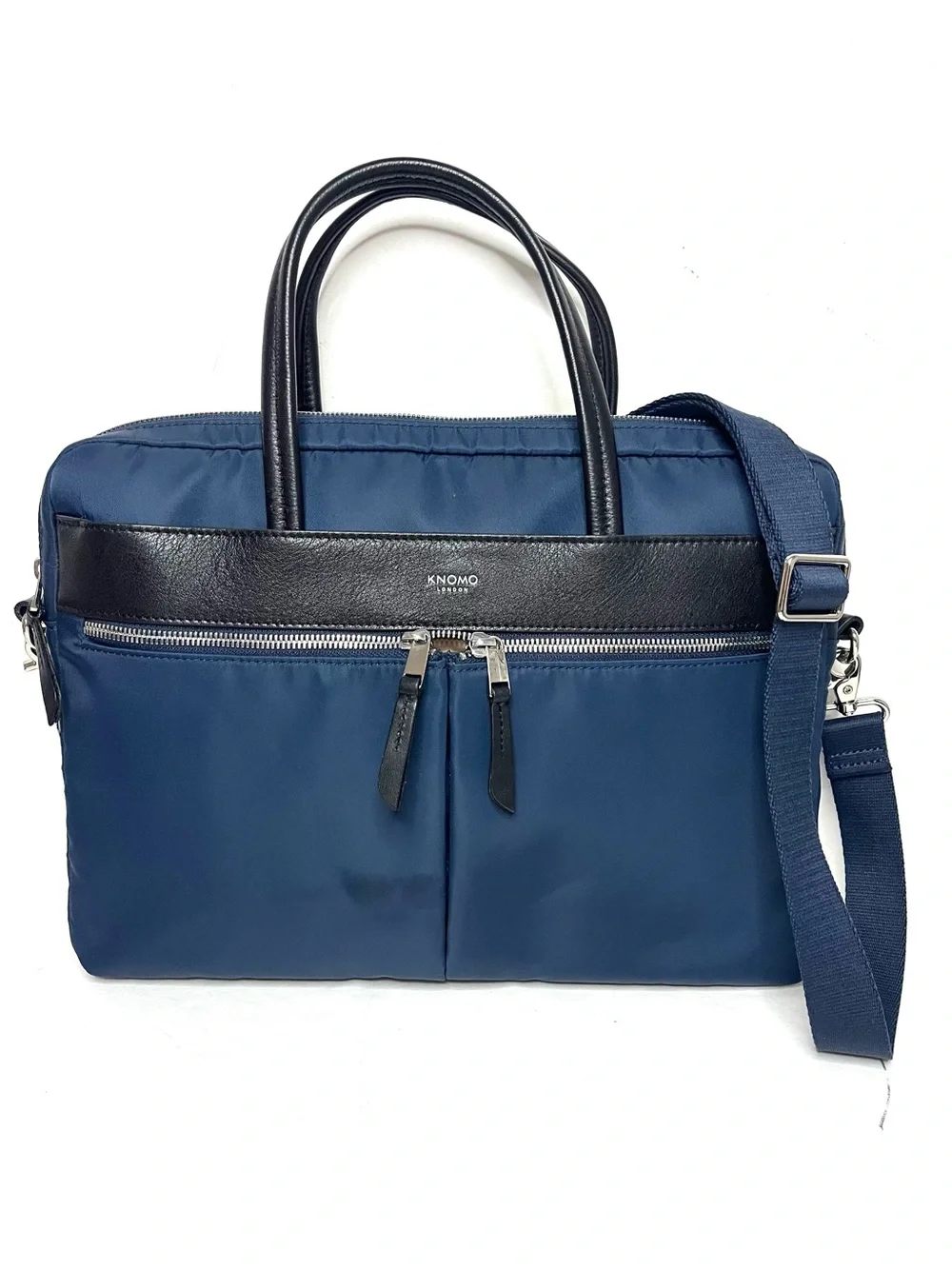 KNOMO London Hanover 14” Slim Briefcase in Navy Nylon w/Black Leather Trim